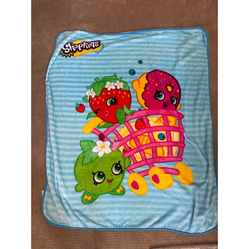Shopkins Blue Striped Plush Fleece Throw Blanket 45x54 Strawberry Kiss Donut